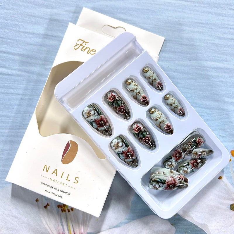 CJDLTS Flower Press on Nails Medium Length Almond Tip Acrylic Fake Nail Full Cover Glossy Floral Stick on Nails Peony Flower Pattern Design Artificial Fingernails 24Pcs DIY Glue on Nails for Women - Image 3